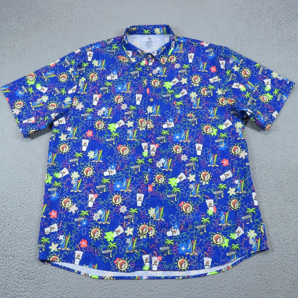 Bucees Shirt Mens 4XL Blue Hawaiian All Over Print Surfer Gas Station Logo AOP